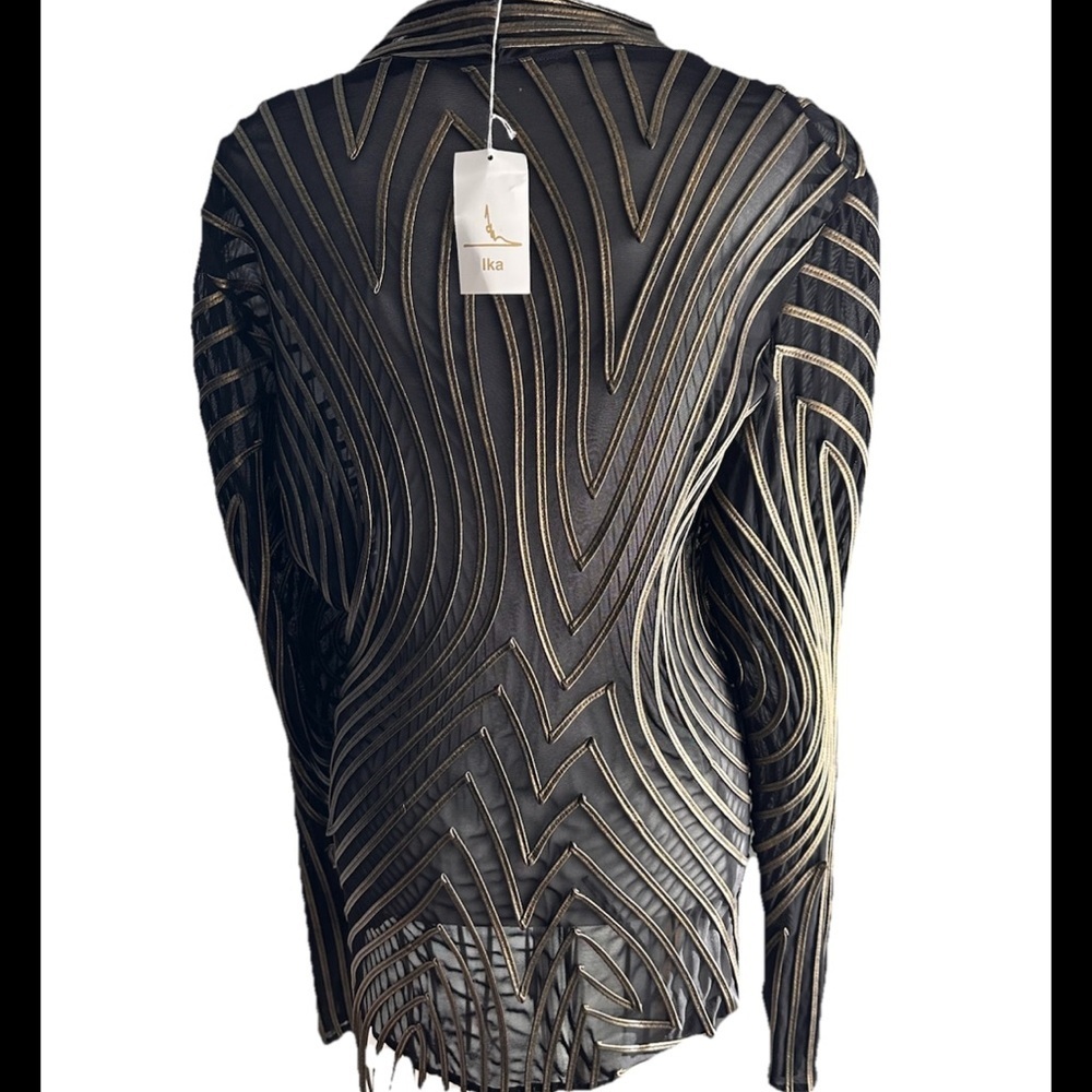 IKA Couture 90’sVINTAGE Gold Metallic Blk Mesh Zip Fringe Jacket Rare NWT Sz 12 - Picture 4 of 10